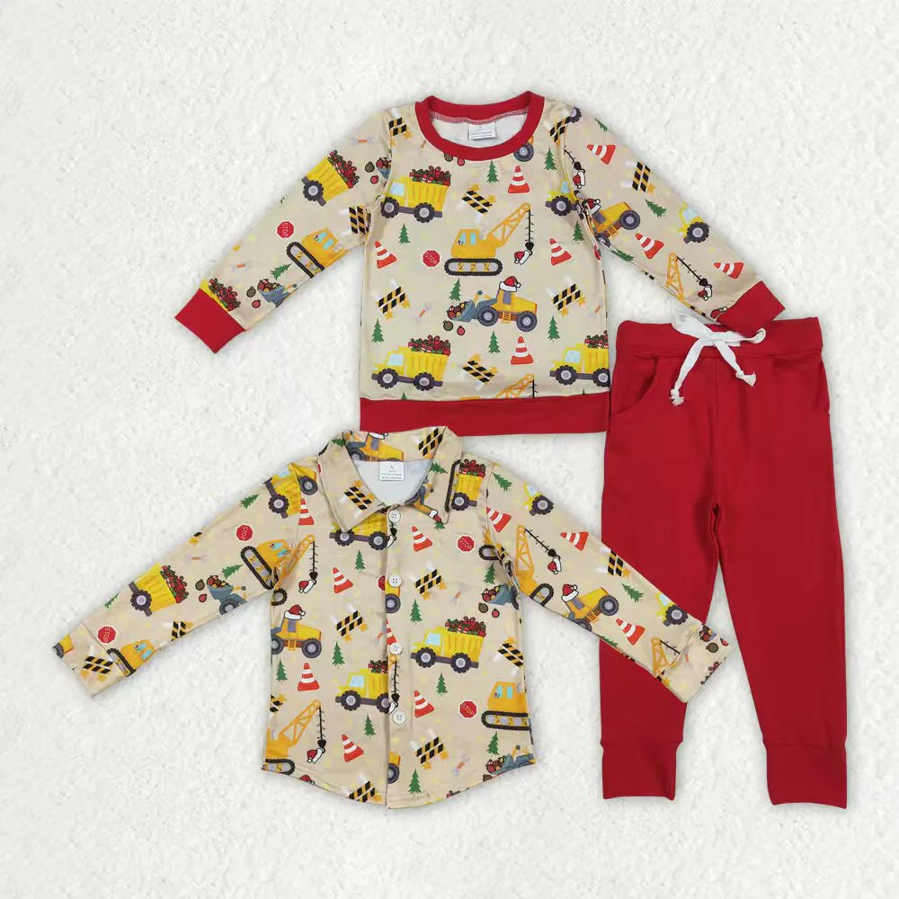 Kids Sibling Baby Boys Christmas Excavators Buttons Shirts Outfits Sets