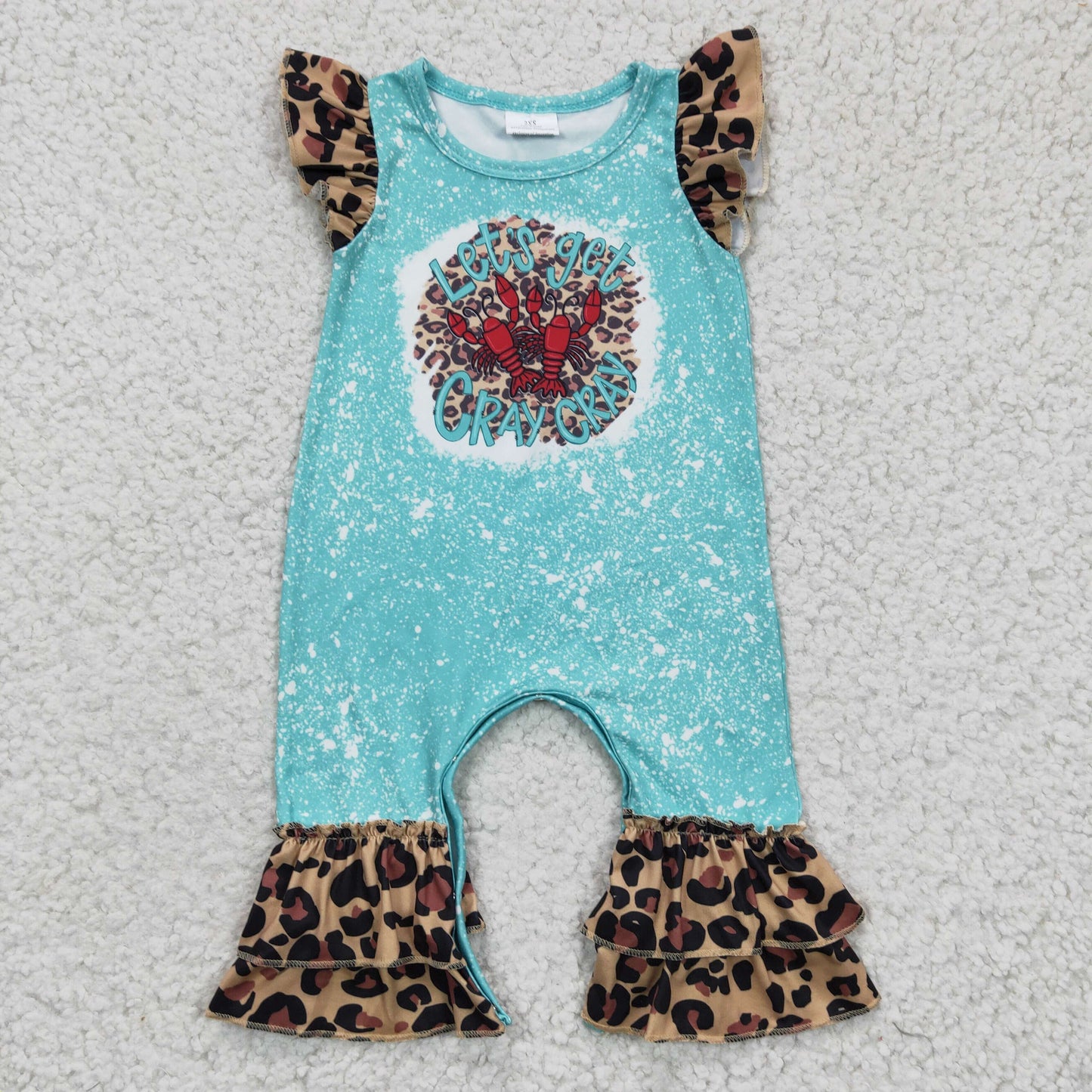 SR0151 Baby Girls Crawfish Leopard Ruffle Rompers