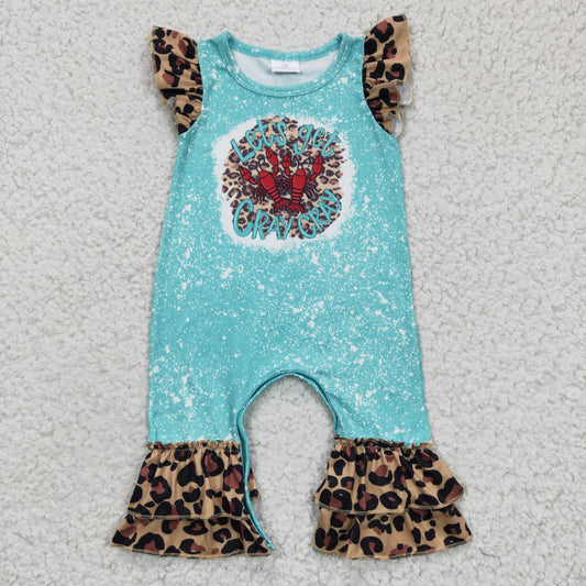 SR0151 Baby Girls Crawfish Leopard Ruffle Rompers