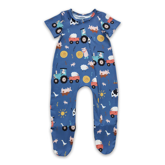 5.12  RTS NO MOQ SR0195 Cow Car Sun Blue Short Sleeve Bodysuit