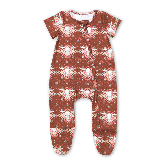 5.12 RTS NO MOQ SR0199 Brown short-sleeved jumpsuit with cow head geometric pattern