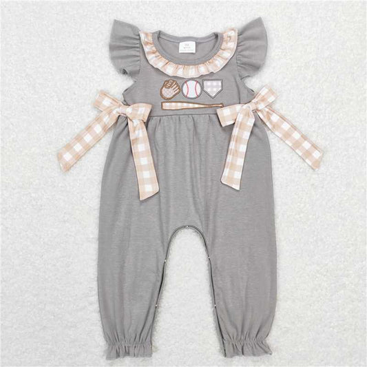 SR0613 Baby Infant Girl Grey Baseball Short Sleeve Bows Rompers