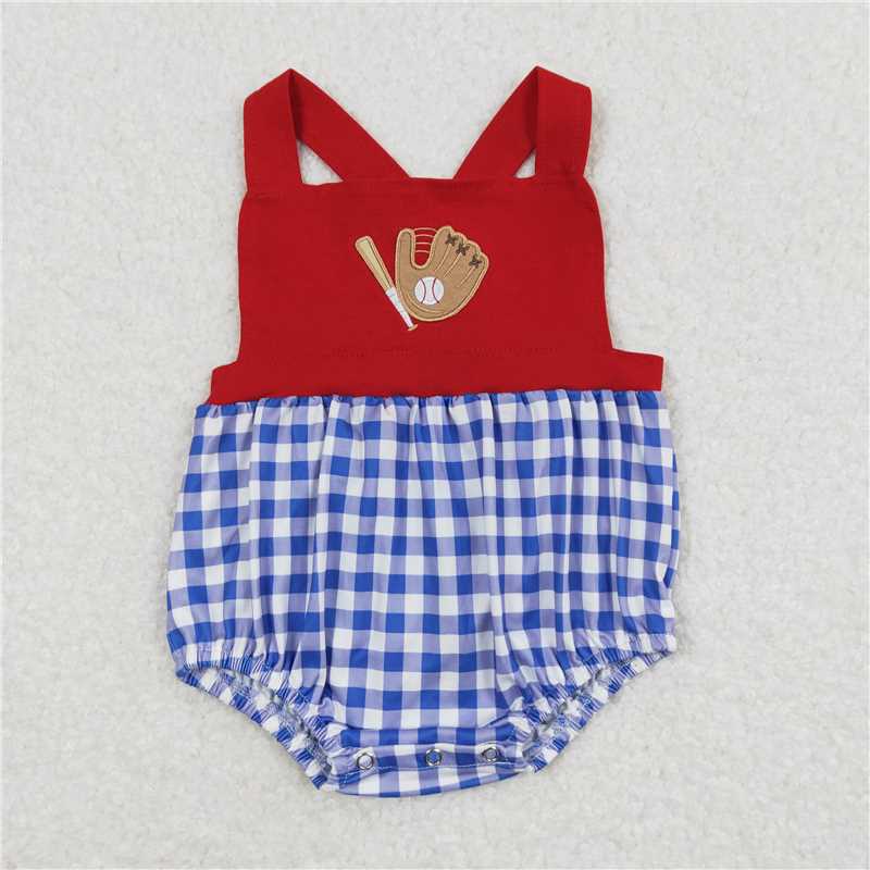 SR0616 Baby Infant Boy Baseball Red Blue Checkered Rompers