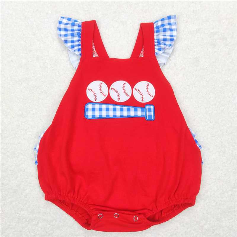 SR0686 Infant Baby Girl Red Baseball Straps Ruffle Rompers