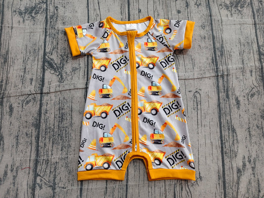 SR0844 Preorder Sample Baby Boys Digger Summer Short Sleeve Zip Rompers