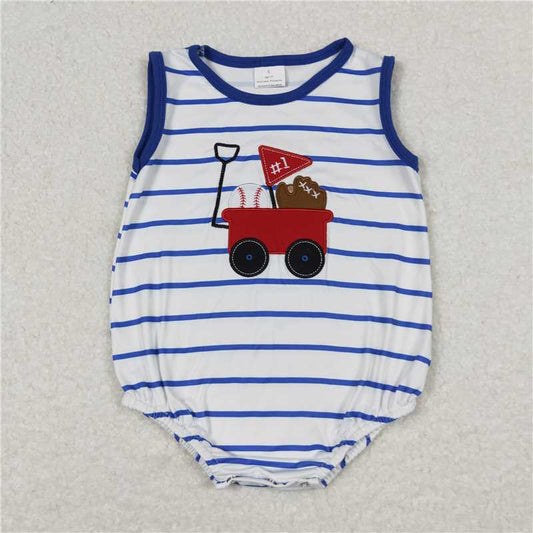 SR0935 Infant Baby Boy Baseball Blue Stripes Sleeveless Rompers