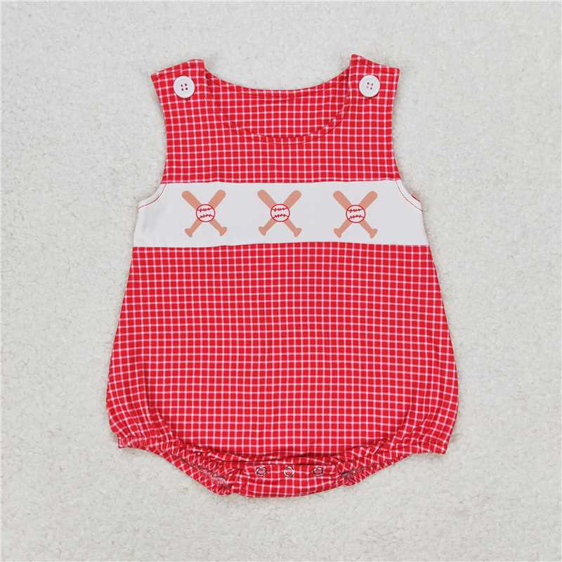 SR1338 Baby Boy Sleeveless Red Checkered Baseball Summer Rompers