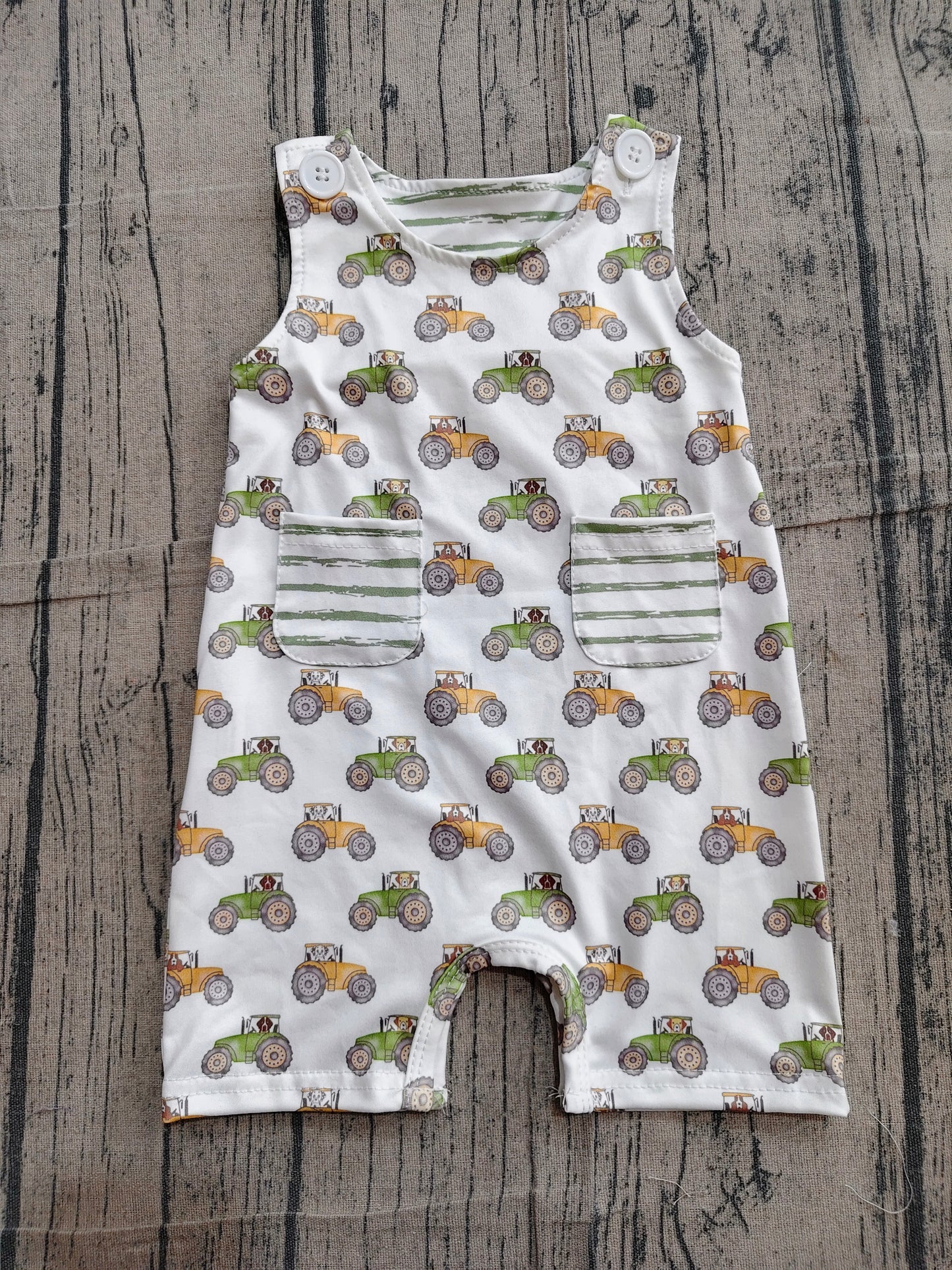 SR1586 Preorder Sample Baby Boys Farm Tractor Sleeveless Pockets Summer Rompers