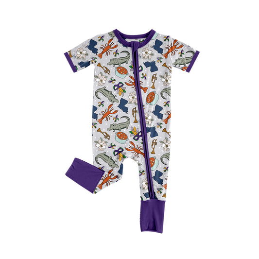 SR2053 Baby Infant Girls Mardi Gras Crocodile Purple Zip Rompers preorder