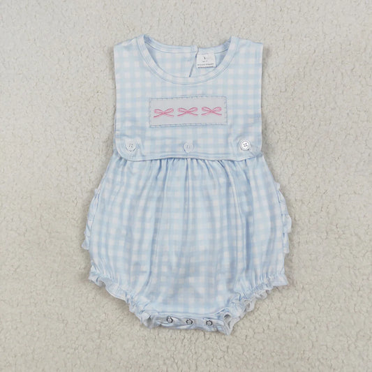 SR2203 Newborn Baby Infant Girls Blue Checkered Bows Sleeveless Rompers