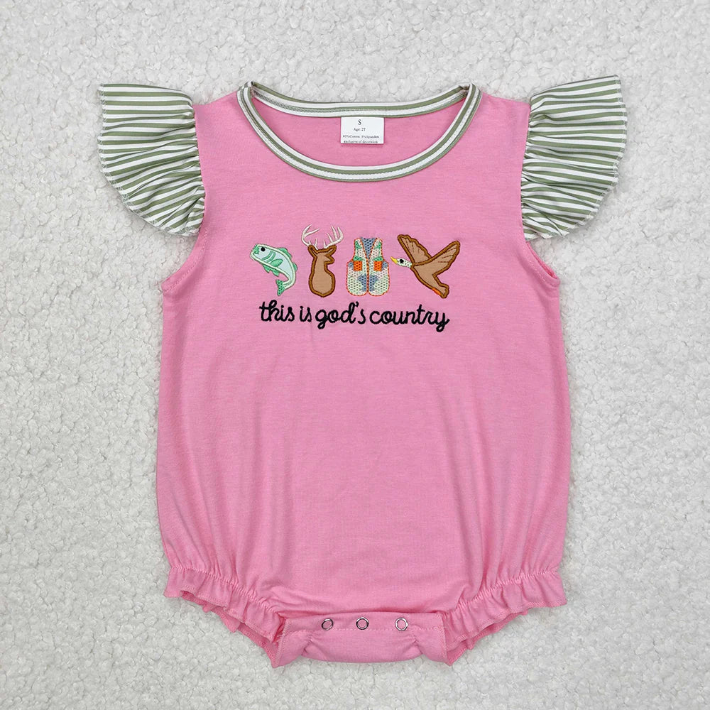 SR2264 Newborn Baby Infant Girls God Country Flutter Sleeve Rompers
