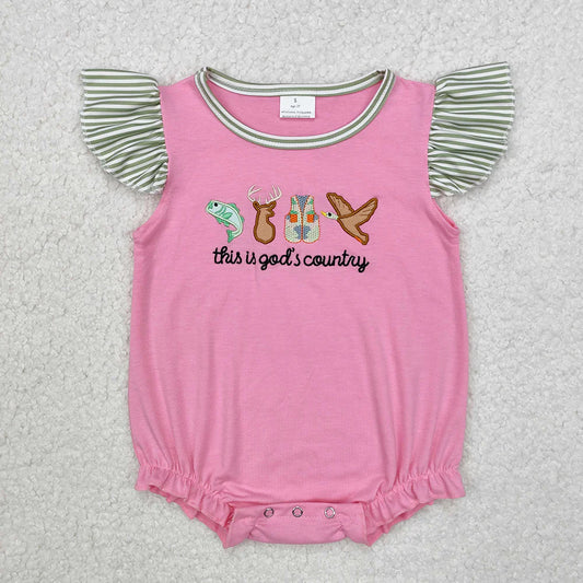 SR2264 Newborn Baby Infant Girls God Country Flutter Sleeve Rompers