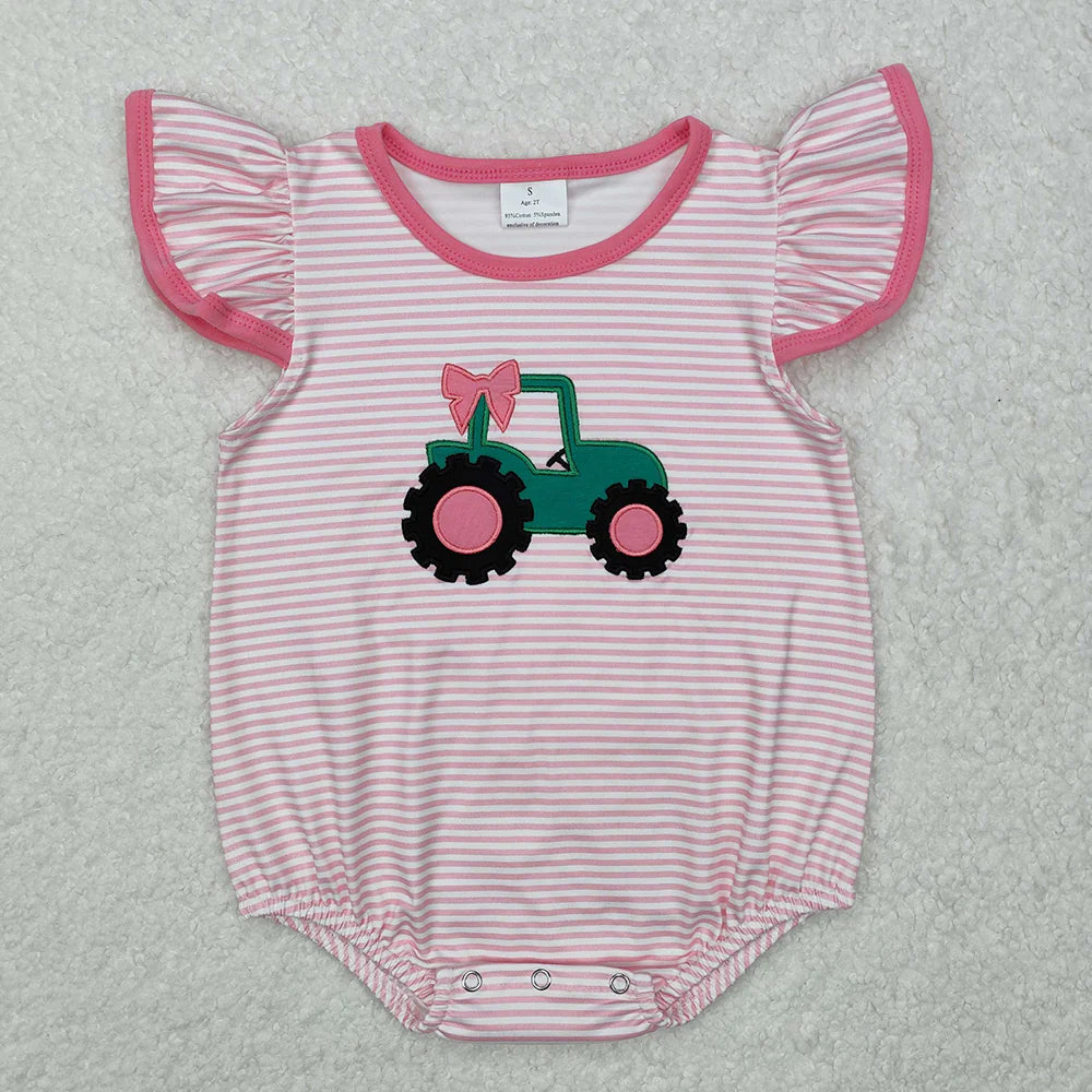 SR2432 Newborn Baby Infant Girls Pink Tractor Bow Rompers