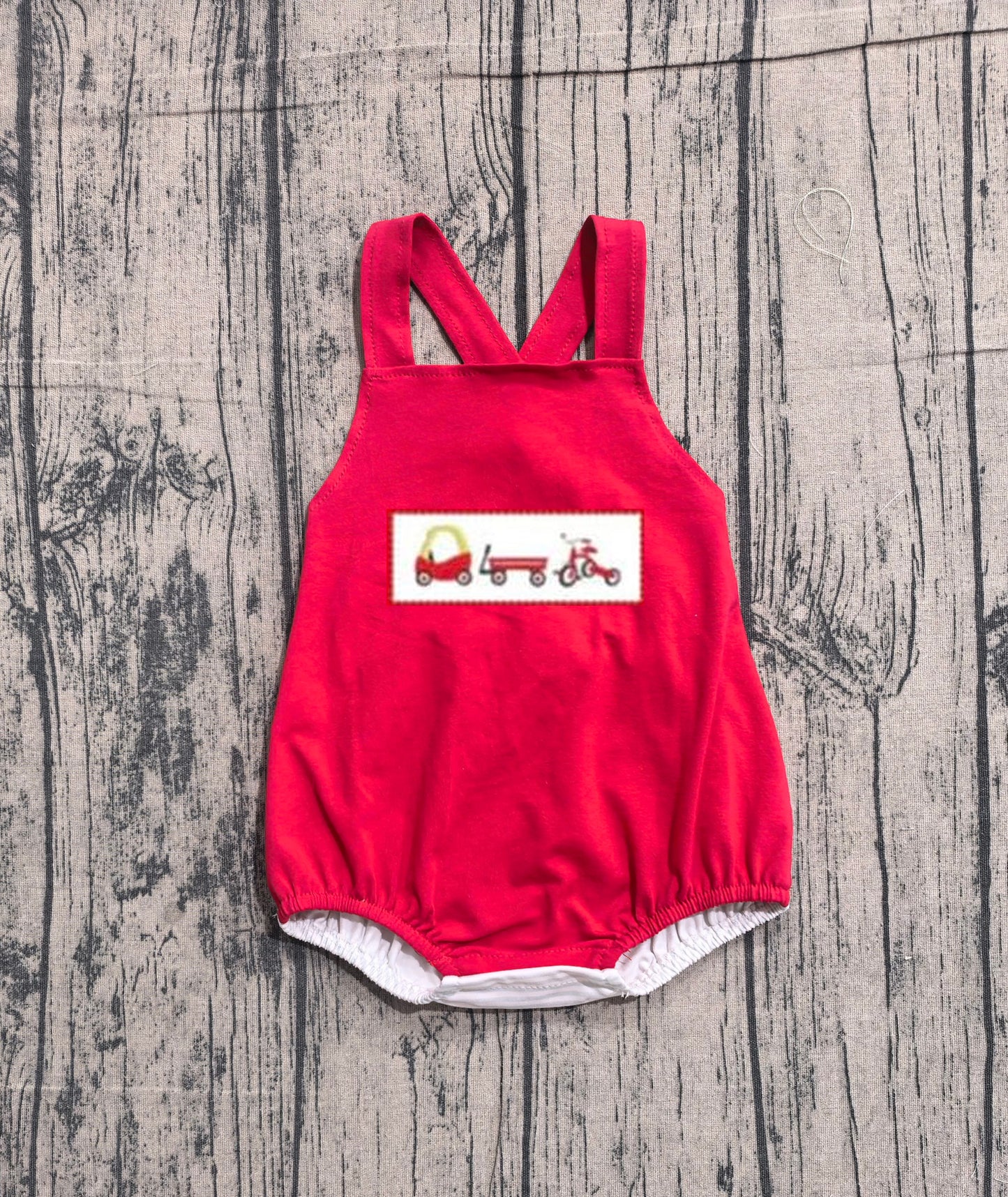 SR2849 Preorder Sample Baby Boys Embroidery Cars Bicycle Strap Rompers