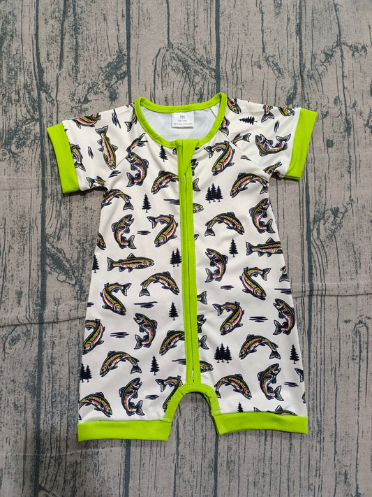 SR3095 Baby Infant Boys Green Short Sleeves Fishes Zipper Rompers Preorder-26.1.20