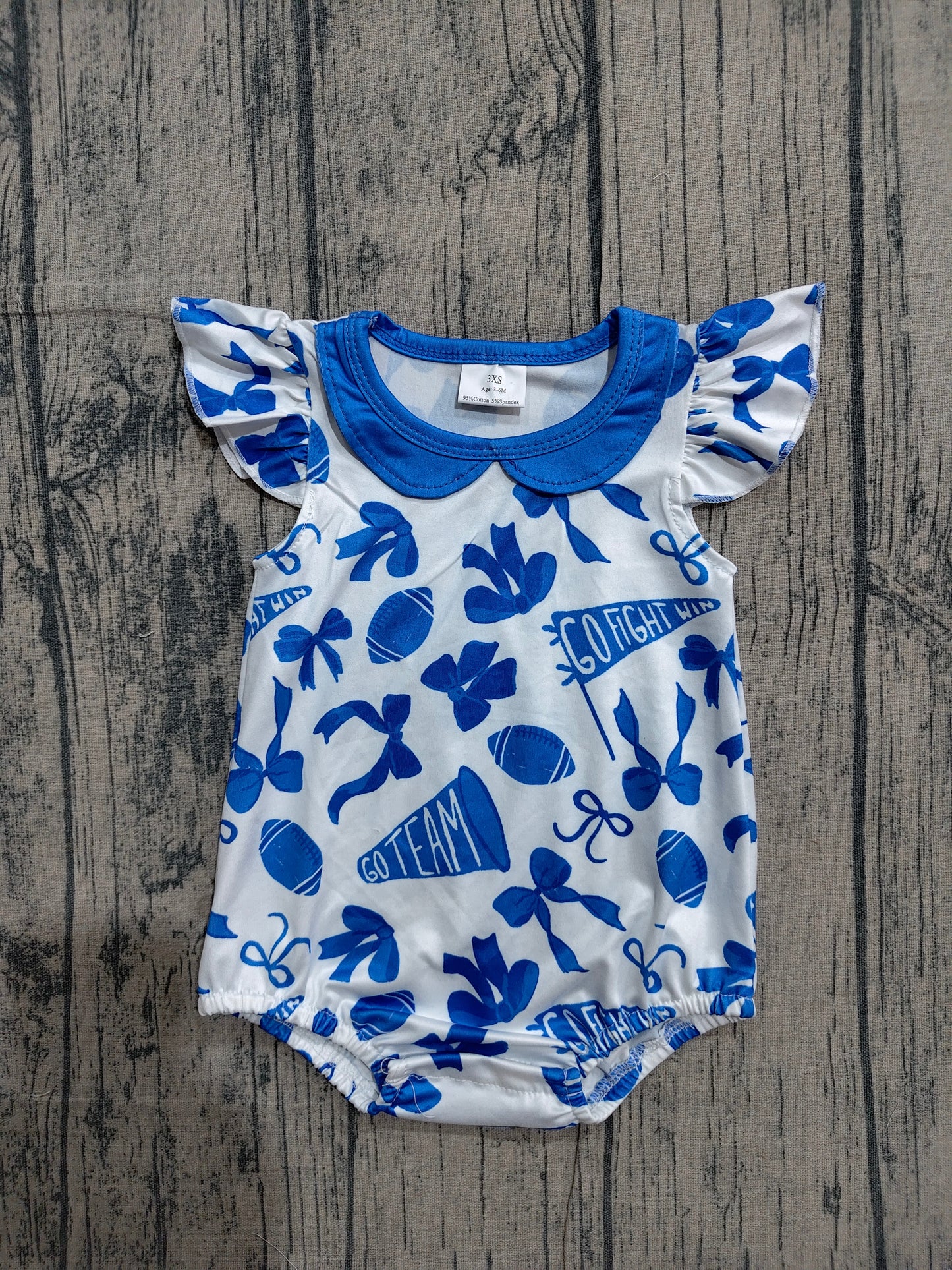 SR3192 Preorder Sample Baby Girls Flutter Sleeves Blue Cheer Bows Plaid Team Ruffle Rompers