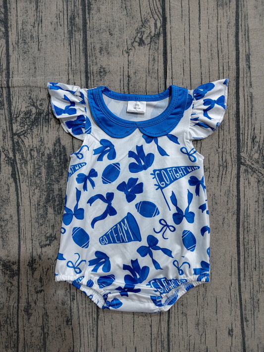 SR3192 Preorder Sample Baby Girls Flutter Sleeves Blue Cheer Bows Plaid Team Ruffle Rompers
