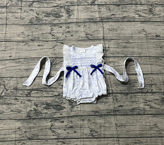 SR3219 Baby Girls Lace Sleeveless embroidery Blue Rabbits Floral Easter Rompers With Belt-26.1.15