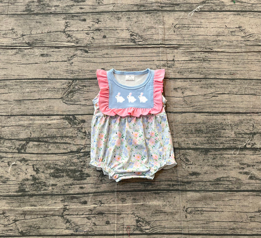 SR3271 Baby Girls Sleeveless embroidery Rabbits Top Flowers Easter Ruffle Rompers Preorder-26.1.4