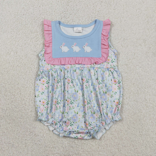 Baby Girl Embroidery Rabbits Bunny Flowers Easter Ruffle Rompers SR3271