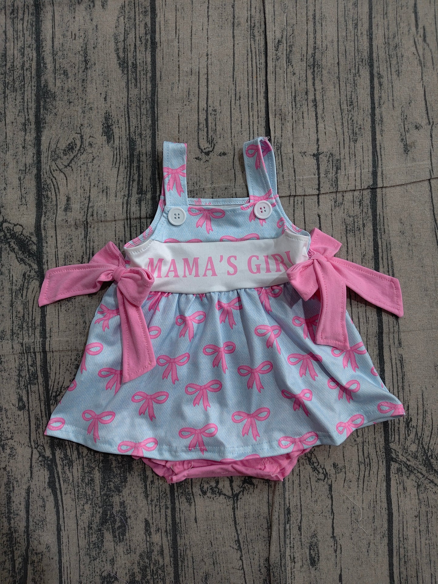 SR3426 Preorder Sample Baby Girl Pink Strap Mama's Girls Bows Tunic Bummies Ruffle Rompers