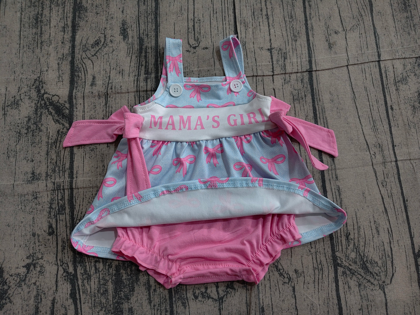 SR3426 Preorder Sample Baby Girl Pink Strap Mama's Girls Bows Tunic Bummies Ruffle Rompers