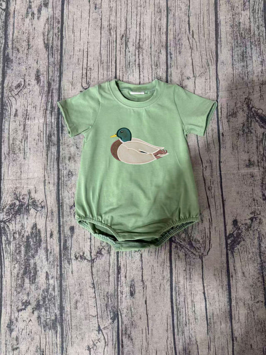 SR3444 Preorder Sample Baby Boy Embroidery Ducks Green Short Sleeve Hunting Rompers