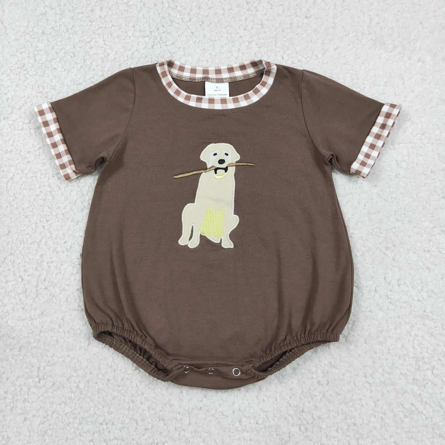 SR3470 Newborn Embroidery Dogs Leaves Baby Boys Brown Short Sleeve Hunting Rompers