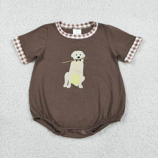 SR3470 Newborn Embroidery Dogs Leaves Baby Boys Brown Short Sleeve Hunting Rompers