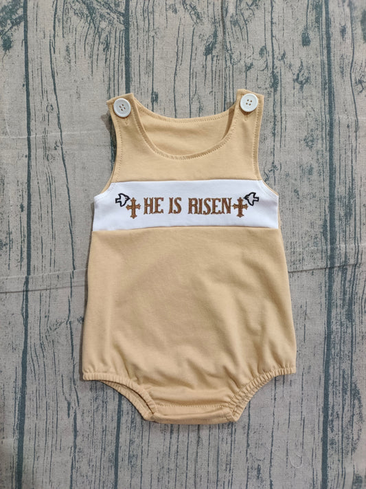 SR3547 Preorder IRL Baby Boy Embroidery He is Risen Crosses Easter Sleeveless Rompers