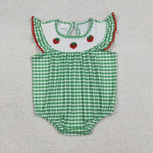 SR3550 Newborn Smocked Strawberry Baby Girls Green Checked Ruffle Rompers