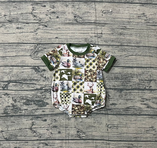SR3837 Preorder Sample Baby Boy Short Sleeve Deer Ducks Checked Hunting Rompers