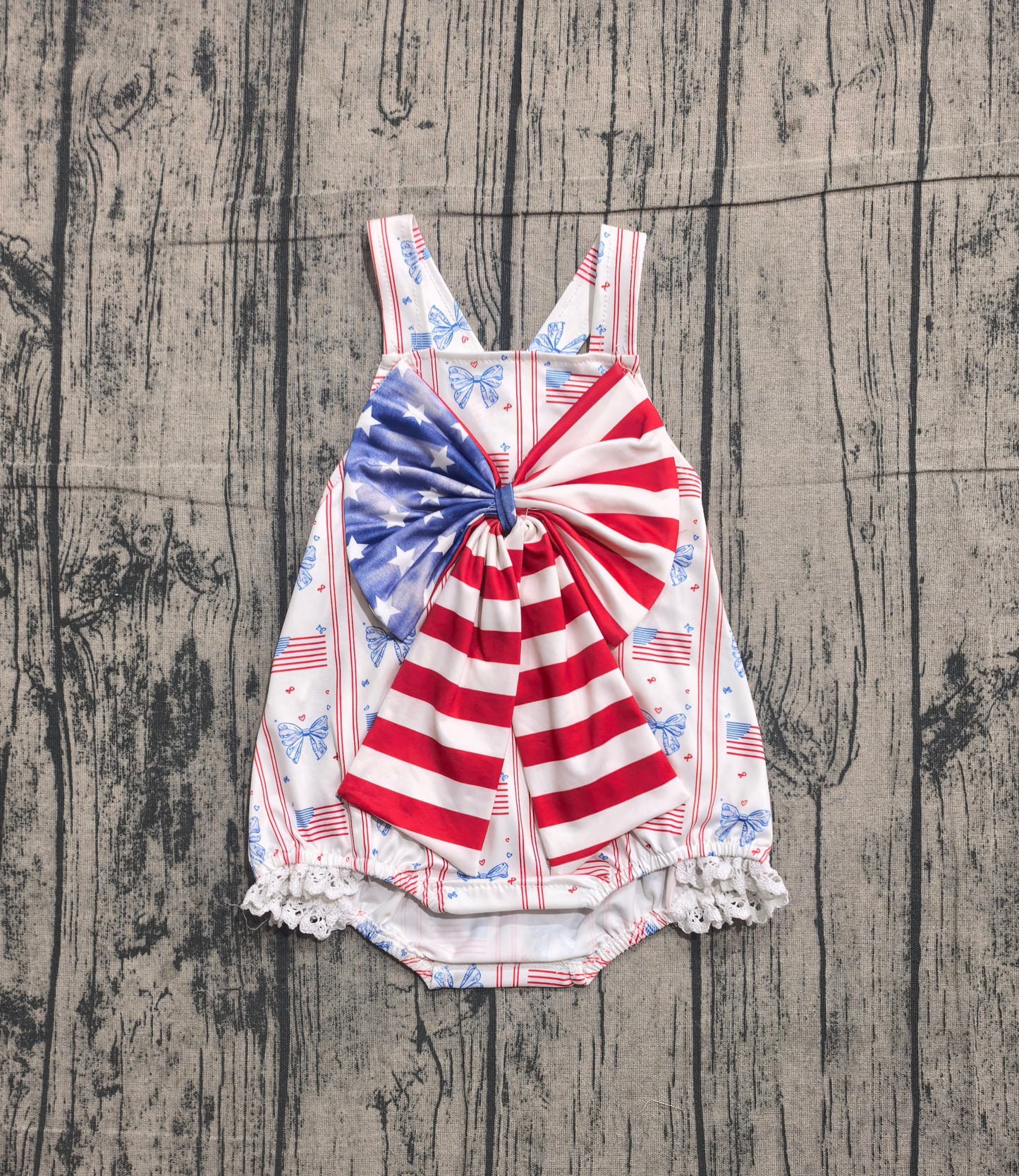 SR3862 Preorder Sample Baby Girl Strap Flags Bows Stripe 4th of July Ruffle Rompers