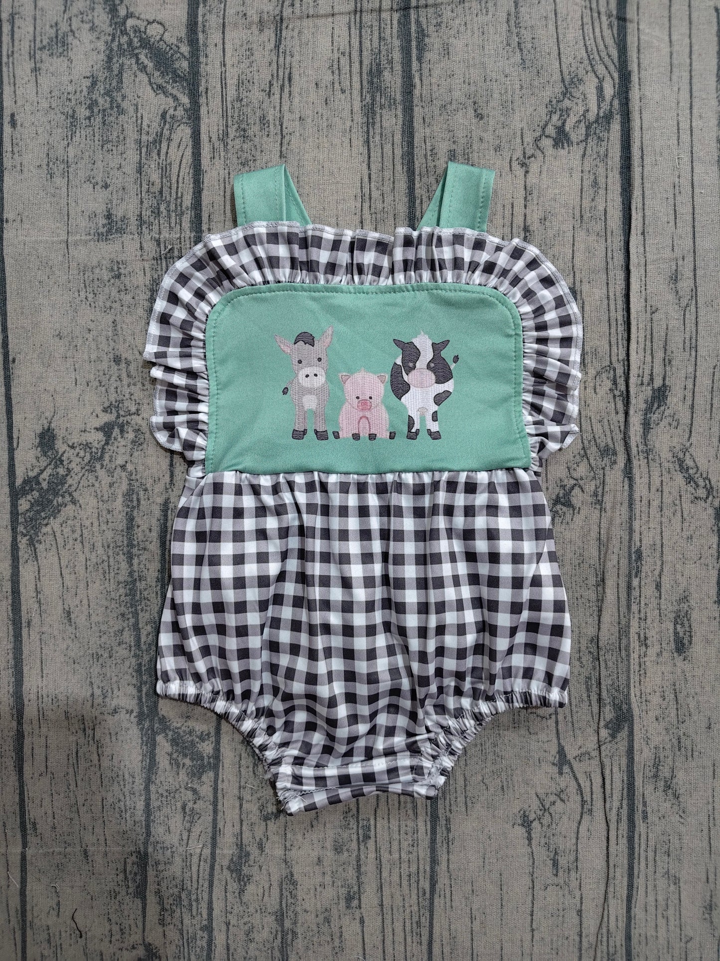 SR3866 Preorder Sample Baby Girls Strap Farm Checked Ruffle Rompers