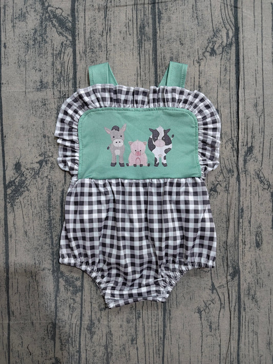 SR3866 Preorder Sample Baby Girls Strap Farm Checked Ruffle Rompers