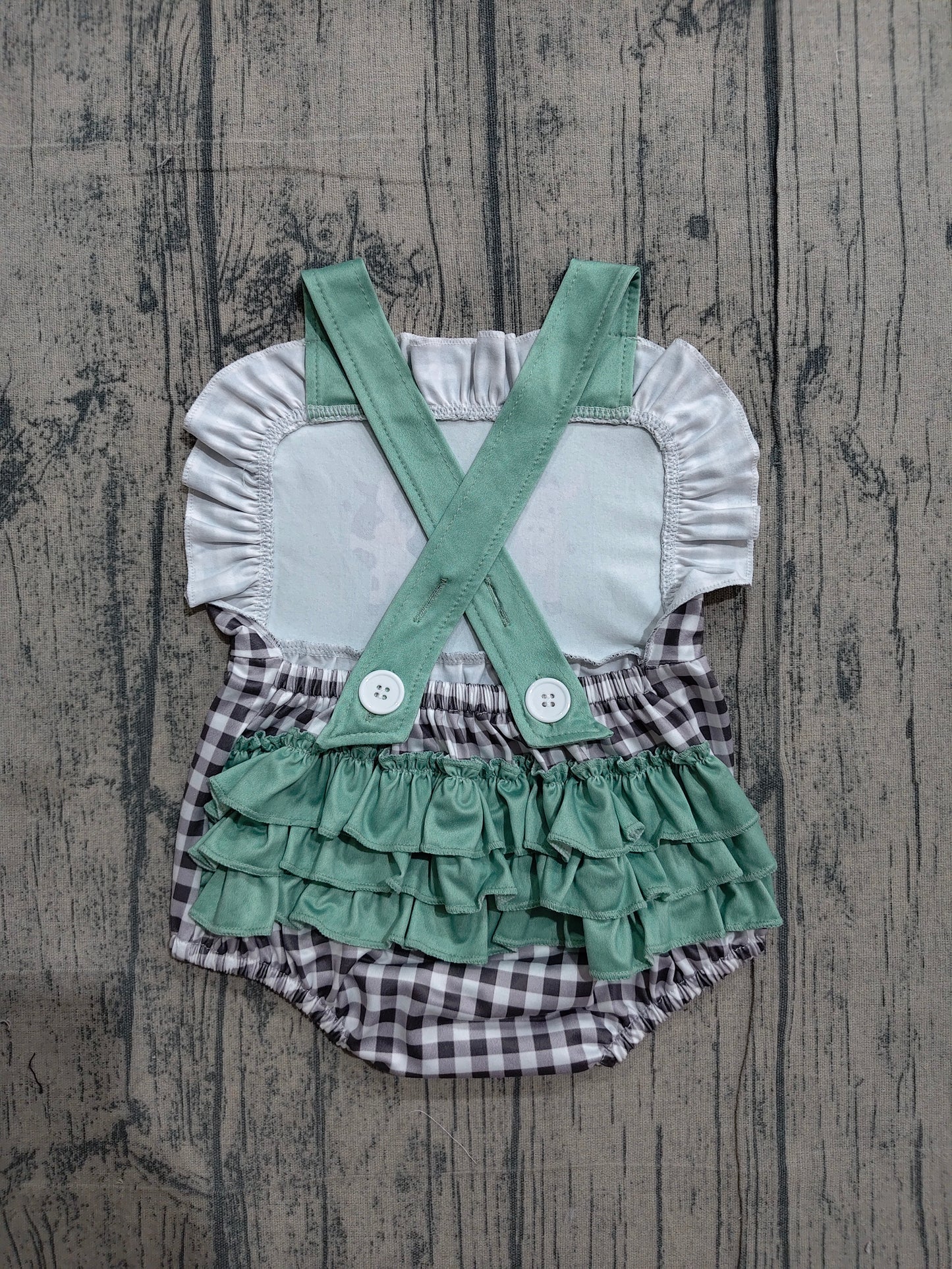 SR3866 Preorder Sample Baby Girls Strap Farm Checked Ruffle Rompers