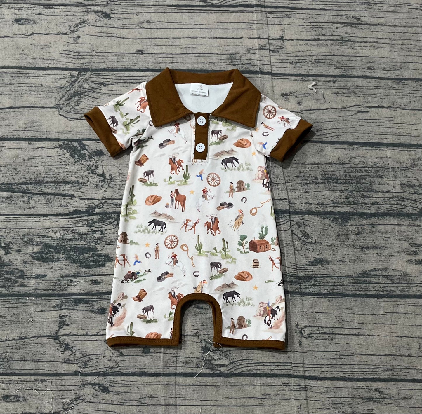 SR3882 Preorder Sample Baby Boy Short Sleeve Horse Rodeos Cactus Western Button Rompers