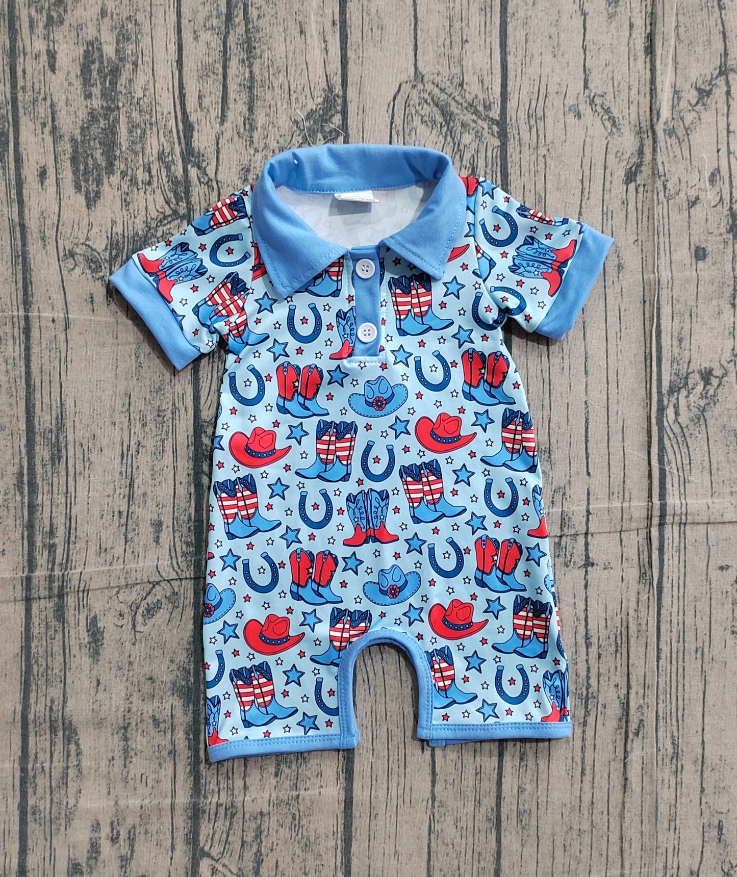 SR3884 Preorder Sample Baby Boy Short Sleeve Star Hat Boots 4th of July Western Button Rompers