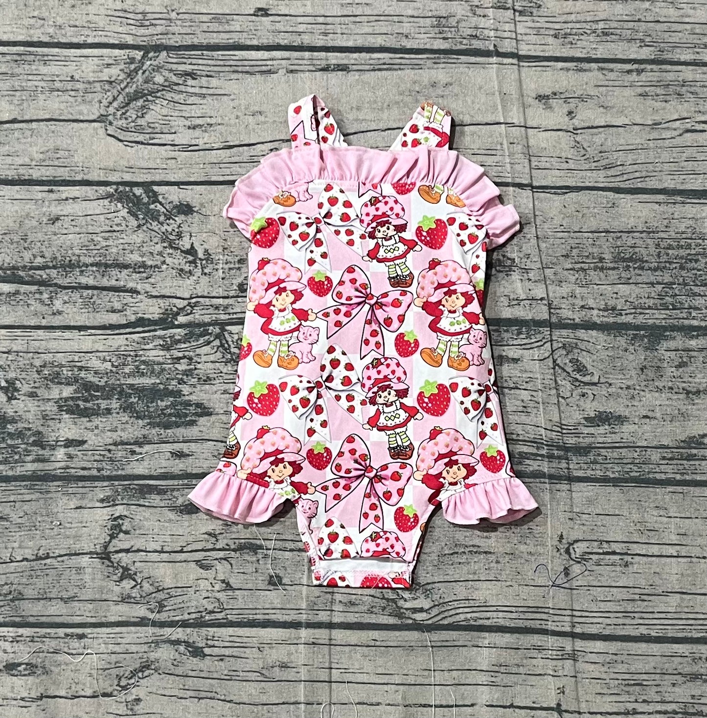SR3885 Preorder Sample Baby Girl Strap Flowers Strawberry Back Bows Ruffle Rompers