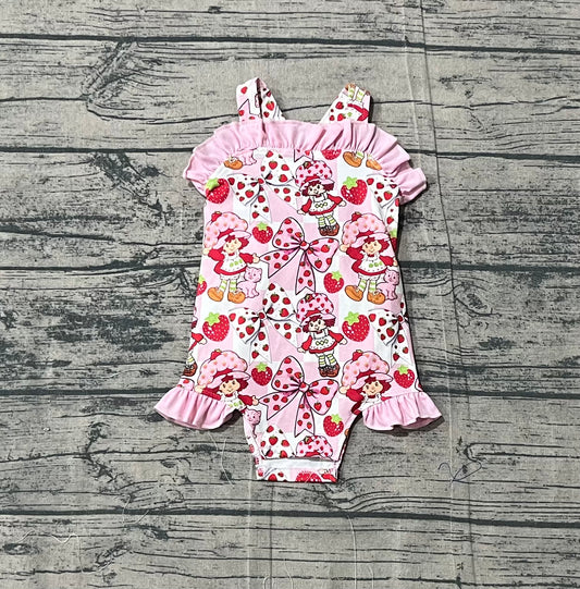 SR3885 Preorder Sample Baby Girl Strap Flowers Strawberry Back Bows Ruffle Rompers
