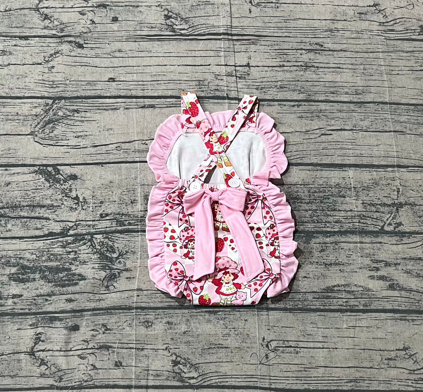 SR3885 Preorder Sample Baby Girl Strap Flowers Strawberry Back Bows Ruffle Rompers