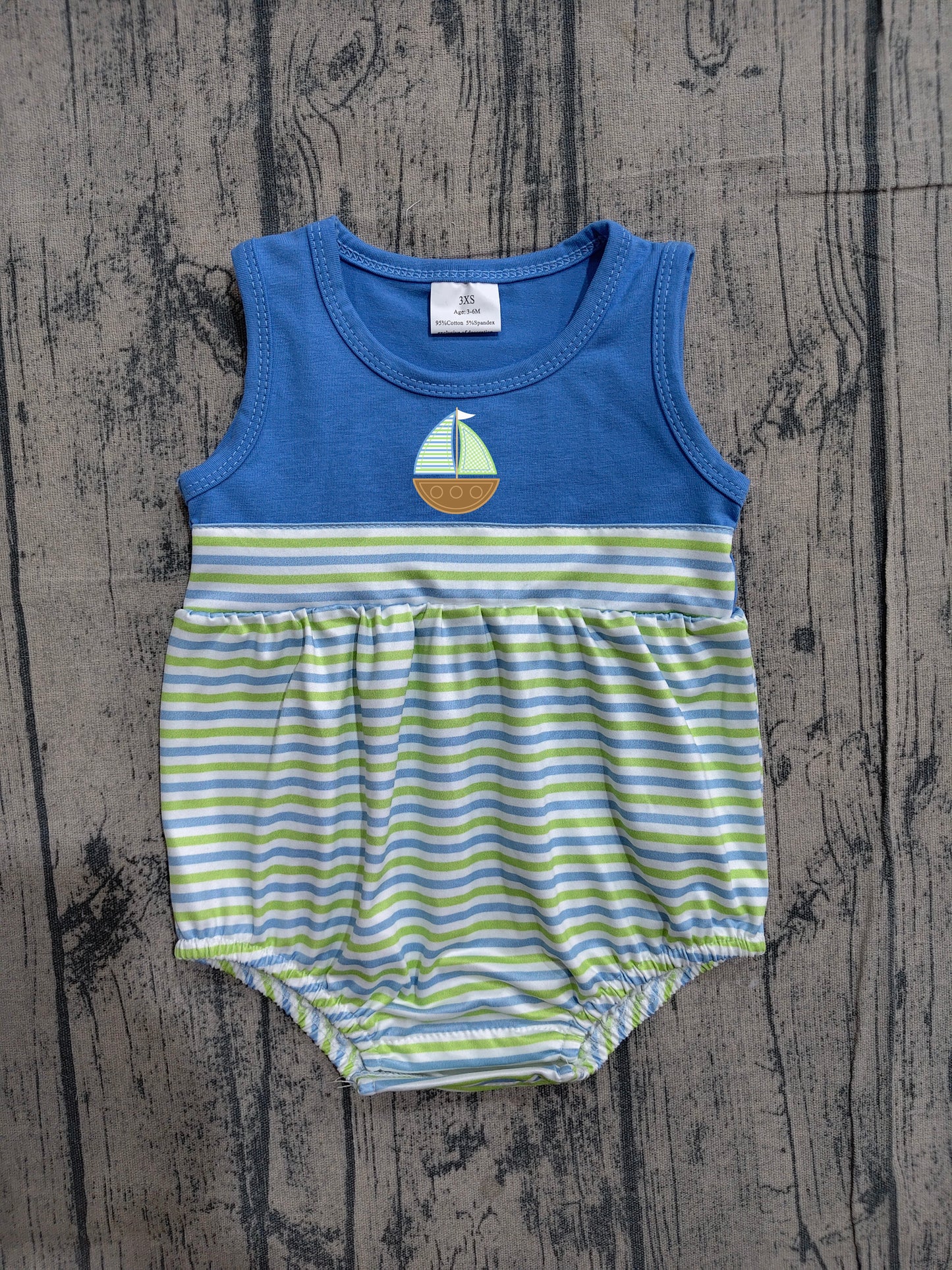 SR3892 Preorder Sample Baby Boys Embroidery Boats Sleeveless Green Stripe Rompers