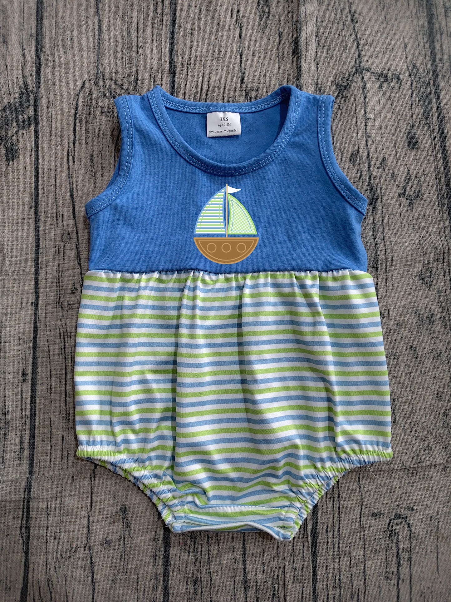 SR3892 Preorder Sample Baby Boys Embroidery Boats Sleeveless Green Stripe Rompers