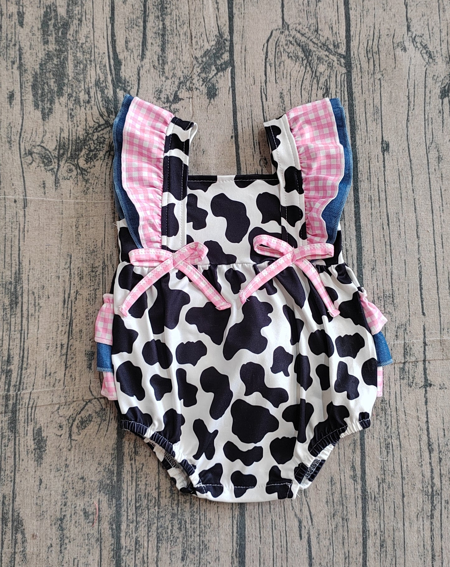 SR3898 Preorder Sample Baby Girl Flutter Sleeve Western Cow Print Ruffle Rompers