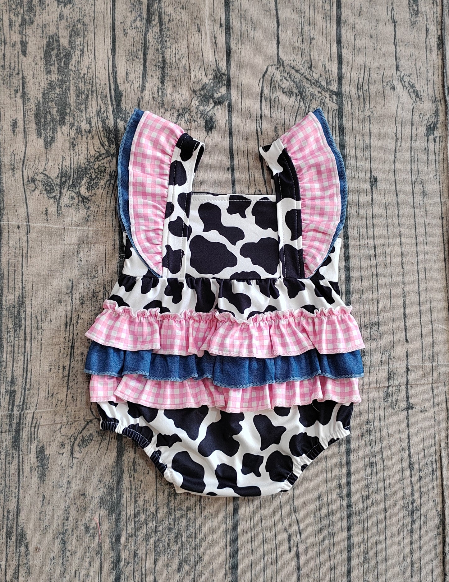 SR3898 Preorder Sample Baby Girl Flutter Sleeve Western Cow Print Ruffle Rompers