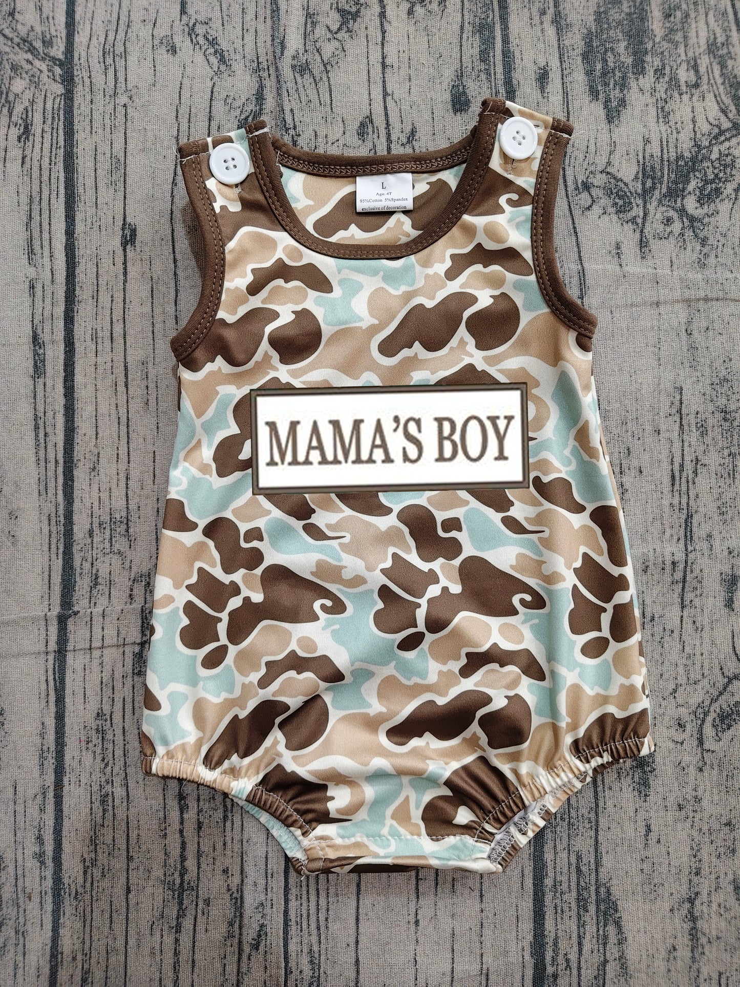 SR3907 Preorder Sample Embroidery Mama's Boy Sleeveless Southern Khaki Camo Rompers