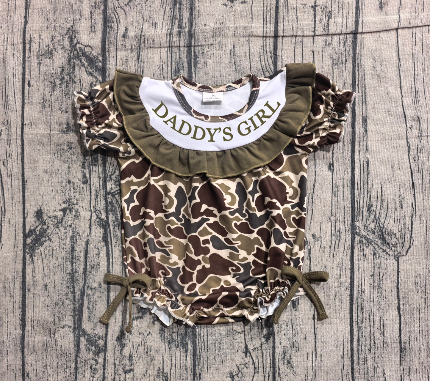SR3919 Preorder Sample Baby Girl Short Sleeve Southern Dark Khaki Camo Daddy's Girl Bows Ruffle Rompers