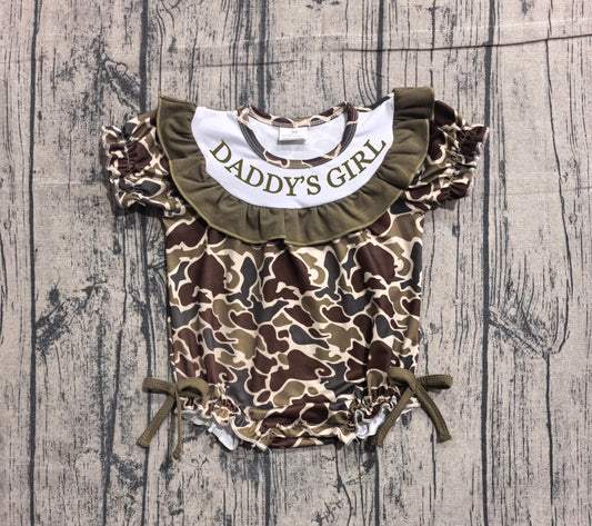 SR3919 Preorder Sample Baby Girl Short Sleeve Southern Dark Khaki Camo Daddy's Girl Bows Ruffle Rompers