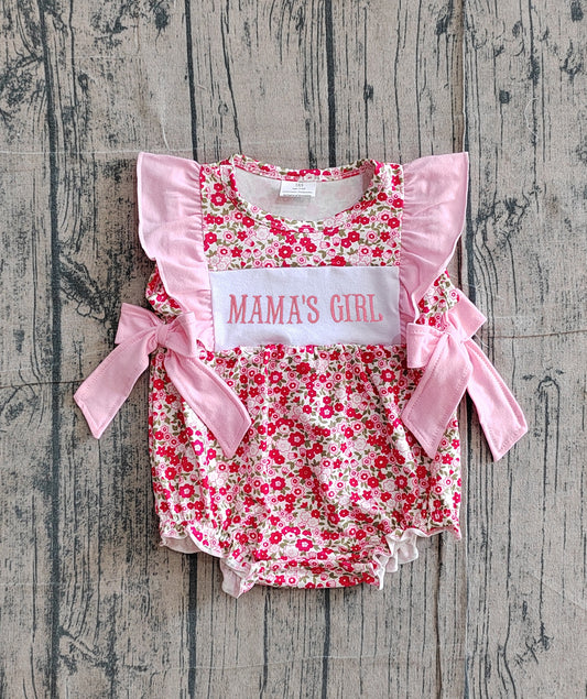 SR3939 Preorder Sample Embroidery Mama's Girls Flutter Sleeve Flowers Bows Ruffle Rompers