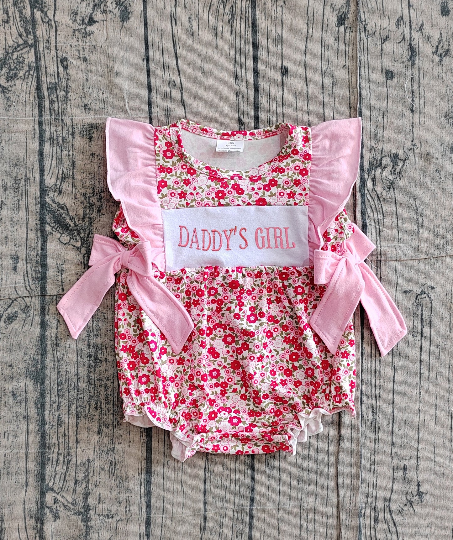 SR3940 Preorder Sample Embroidery Daddy's Girls Flutter Sleeve Flowers Bows Ruffle Rompers